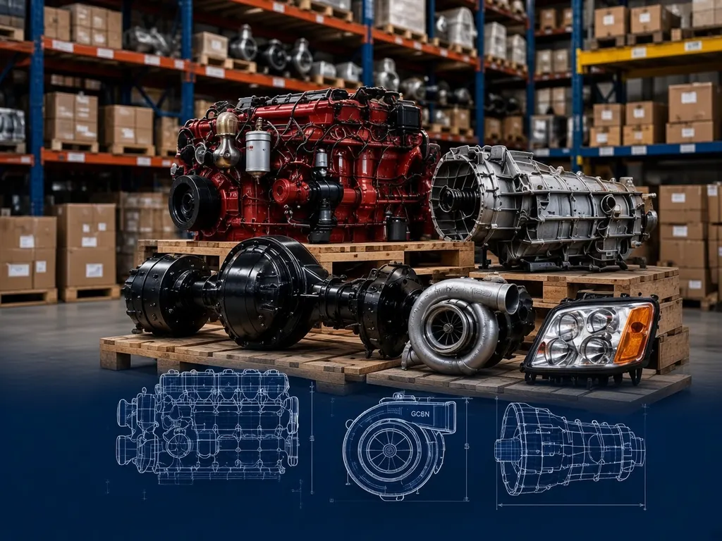 Heavy-duty truck engine and parts on warehouse pallets