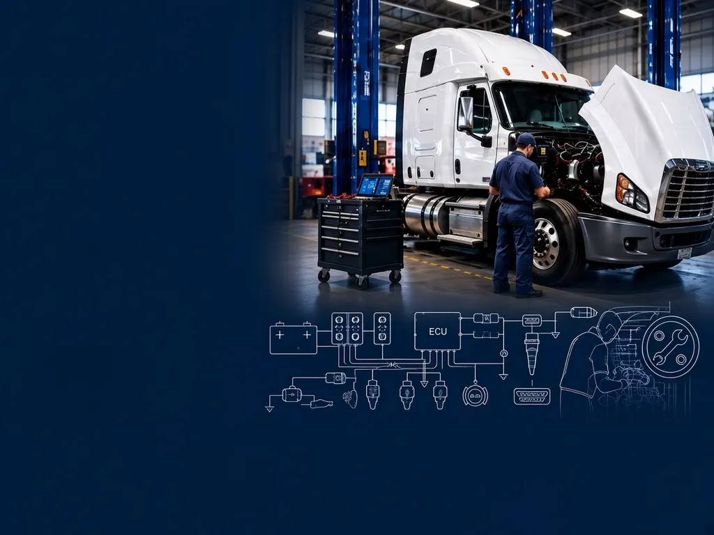 Mechanic servicing a semi truck in a bright bay