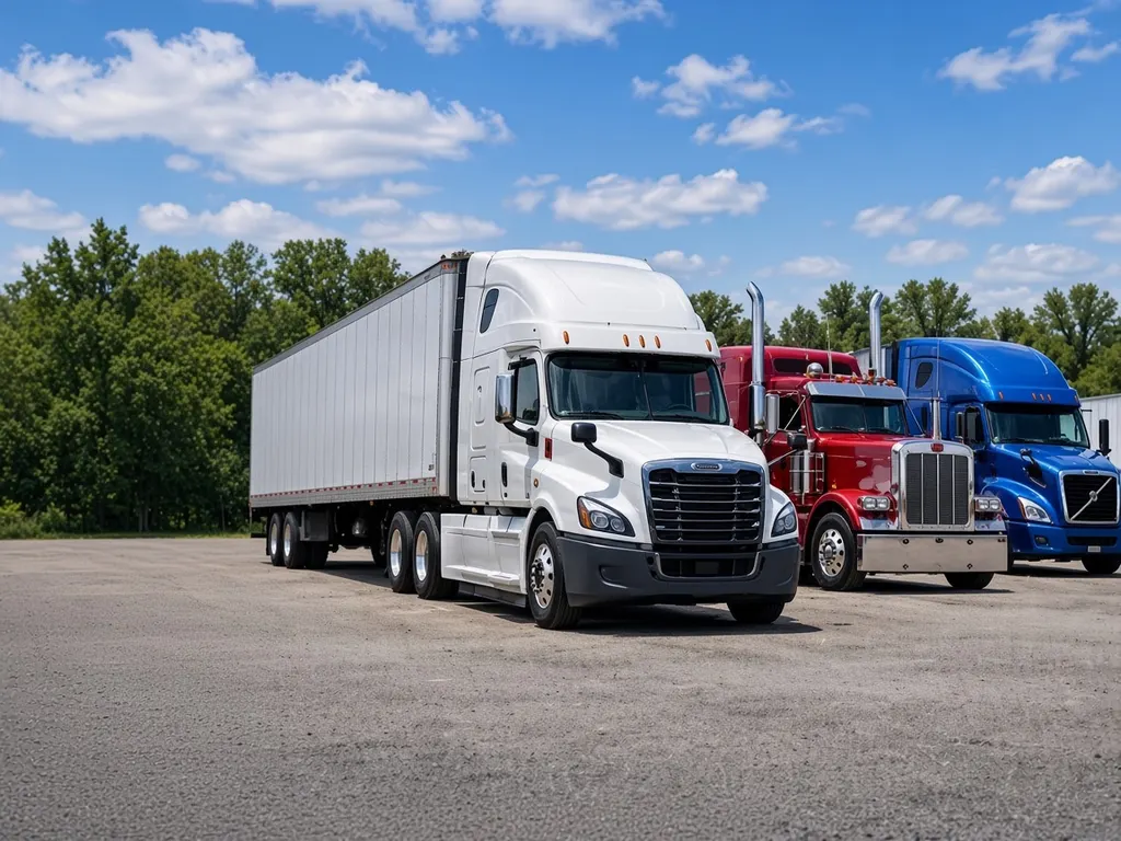 Semi trucks parked outdoors under a clear sky